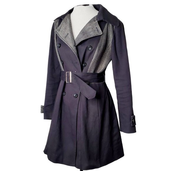 VENUS Jackets & Coats Venus Trench Coat Preppy Tweed Herringbone Belted Cotton Classic Black